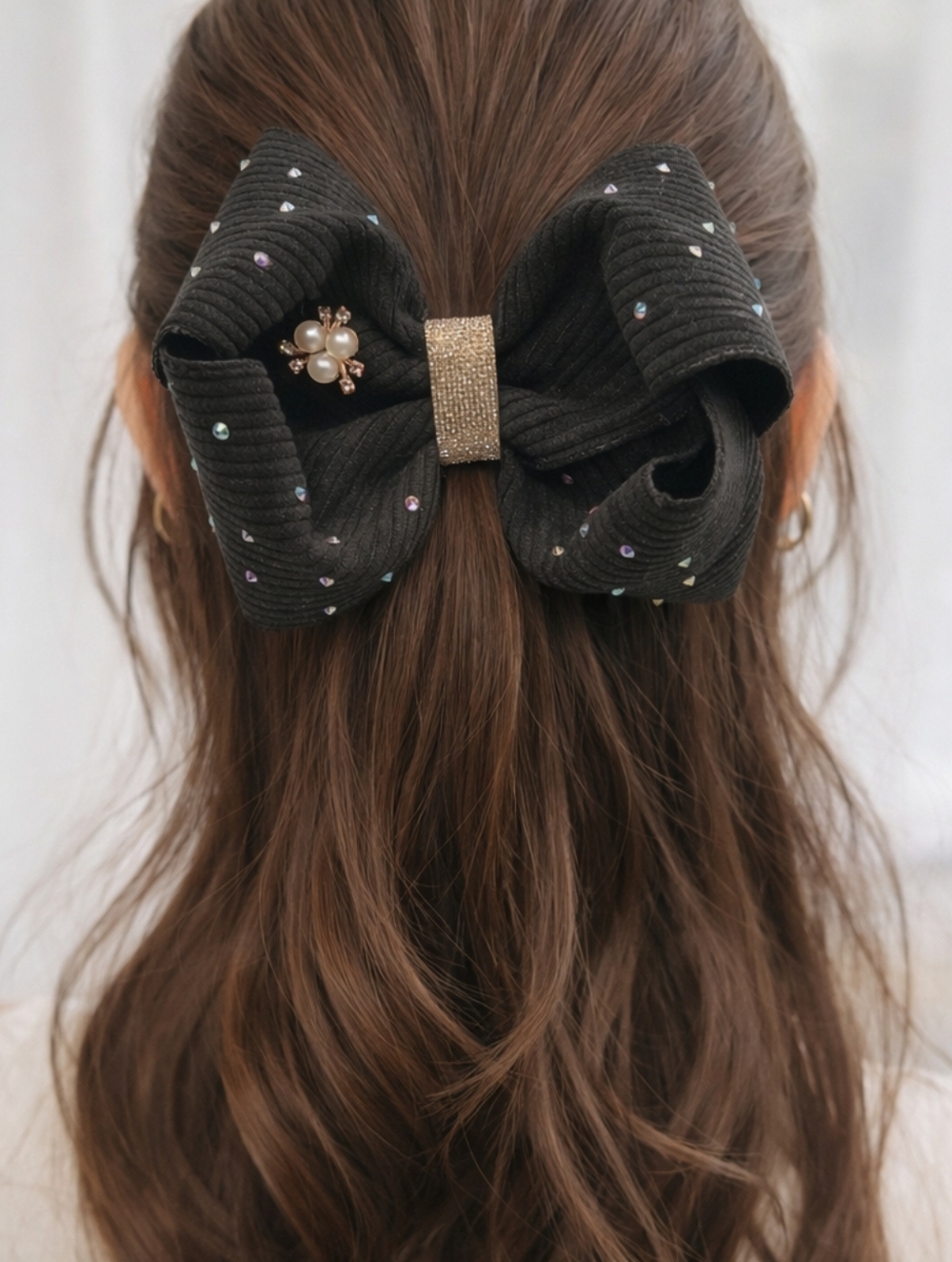 ⭐Handmade Bow Black Boutique Hair Bow with Pearl Cluster
